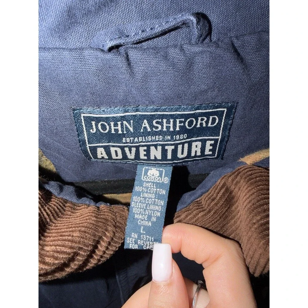 VTG John Ashford Men's Blue Jacket Brown Point Collar Button Front Regular Fit